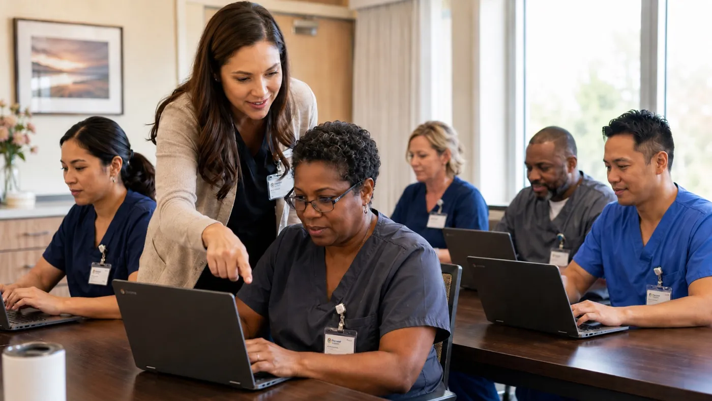 A BenManage benefit counselor guiding employees through enrollment on Chromebooks in a cafe-style session
